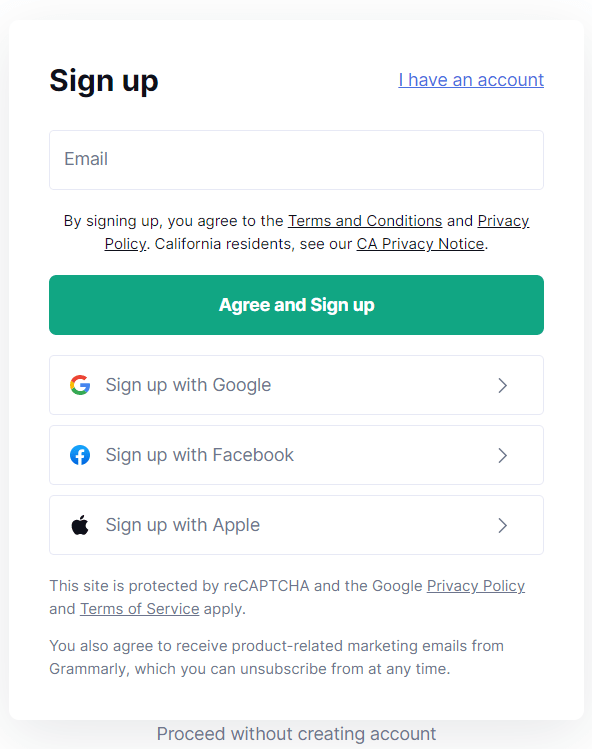 Grammarly Sign Up Page