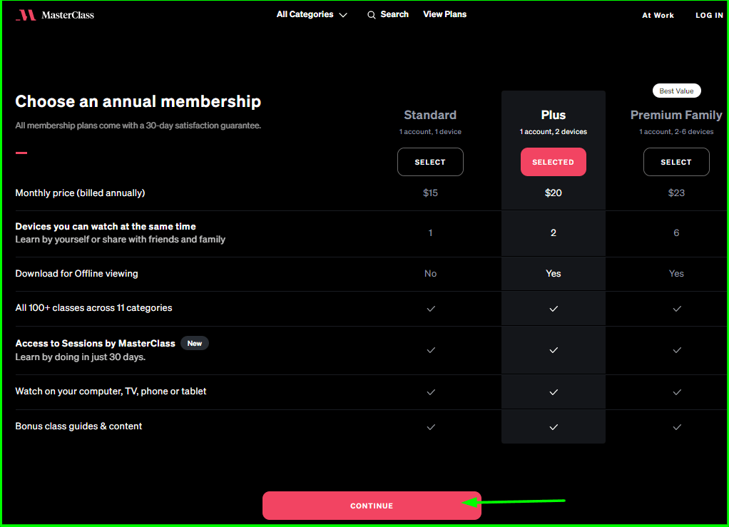 MasterClass  -  Pricing