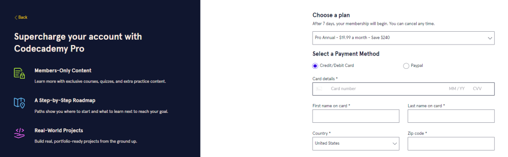 Codecademy - Payment Option