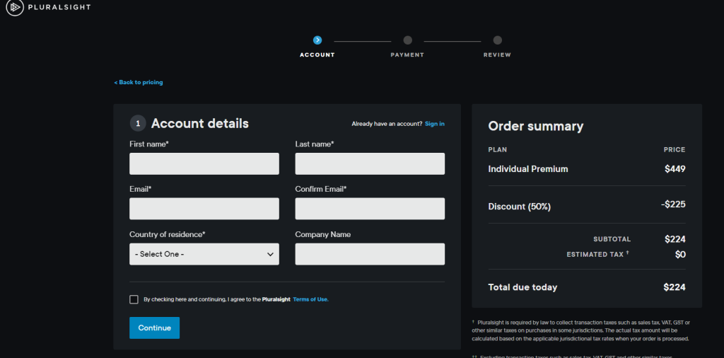 Pluralsight Checkout Page