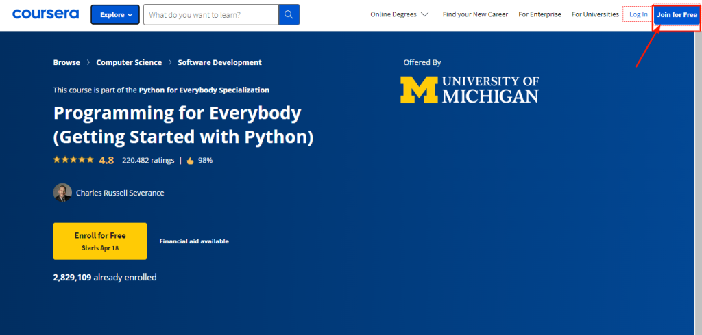 Coursera- Click on join for free