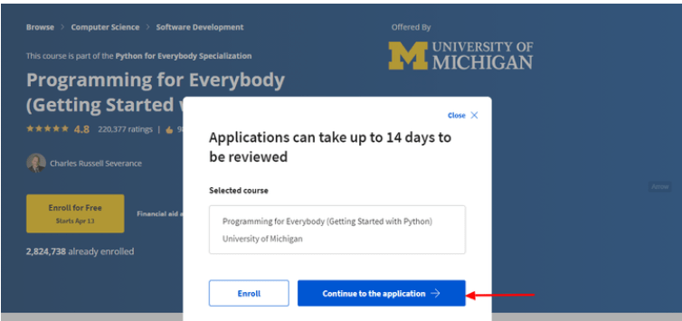 Coursera-Click on ‘Continue to the application’ button