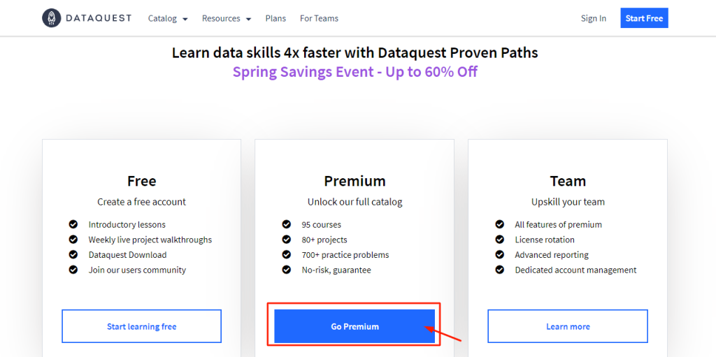 Dataquest- Click on premium 