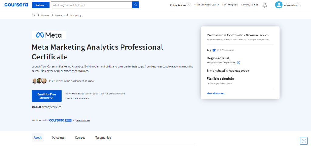 Meta Marketing Analytics professional certificate 