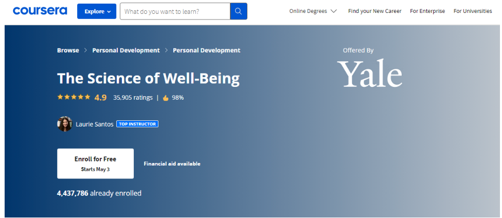 Coursera Free Courses - The Science Of Well-Being 