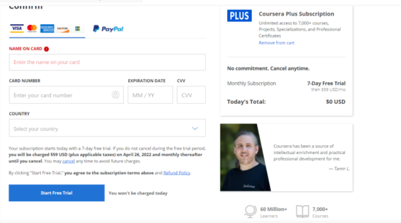 Coursera Plus Free Trial - Payment Detailed